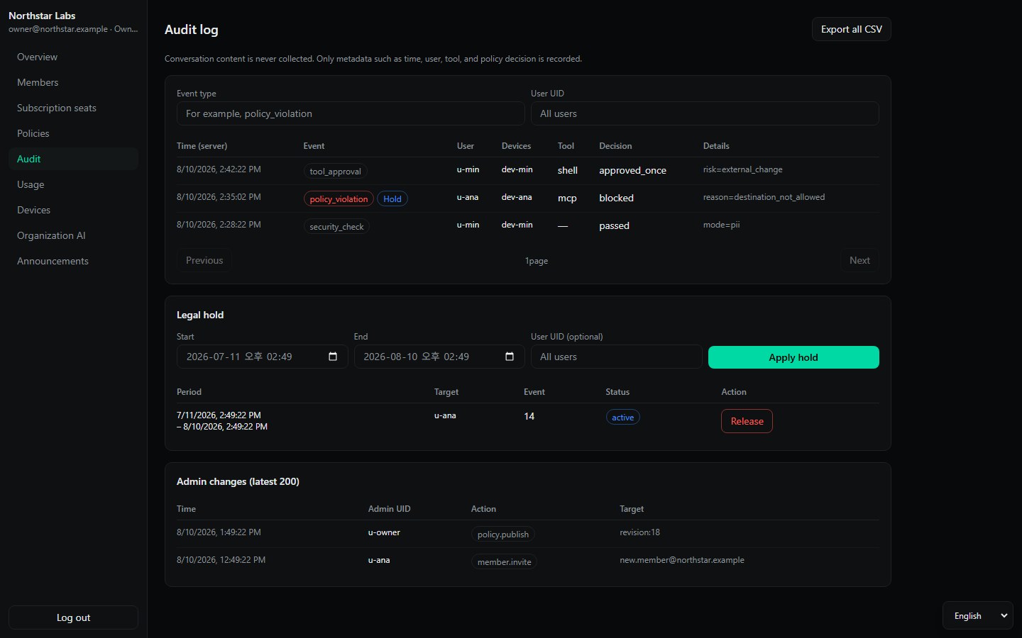 thread0 Enterprise metadata-only audit log