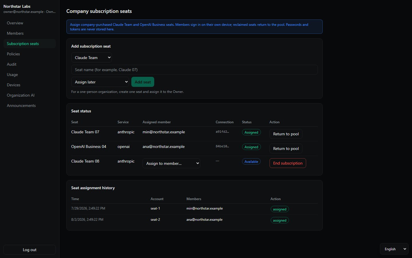 thread0 Enterprise subscription seat assignments